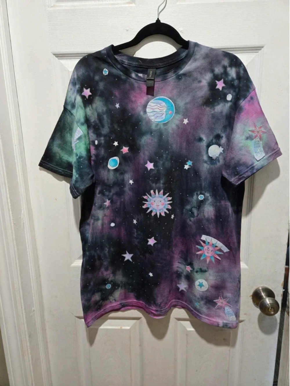 Handmade  sun moon stars tye dye and patches celestial shirt size L
